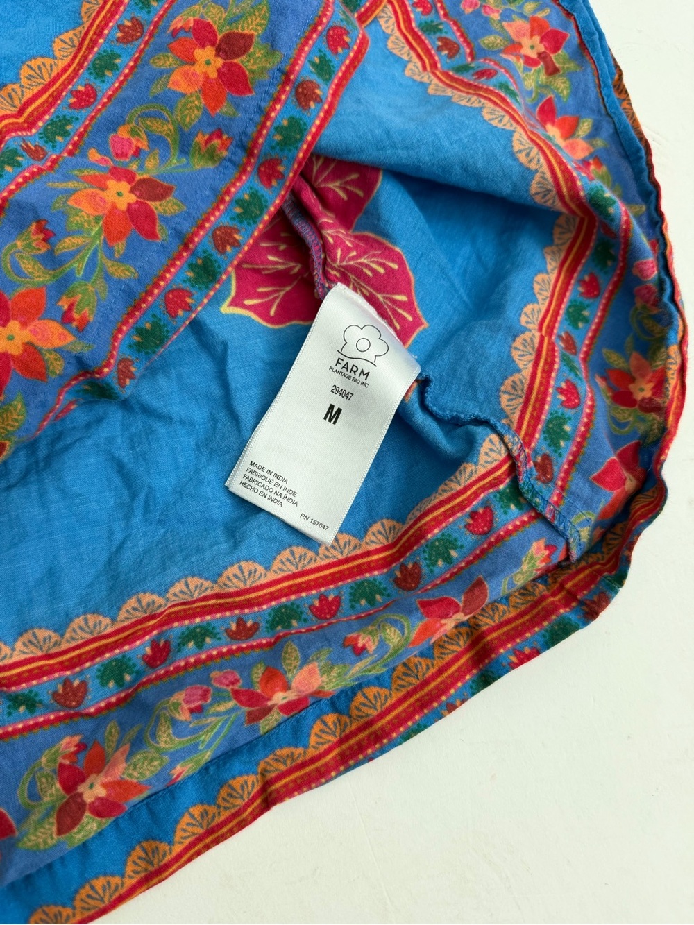 farm rio blue floral Blouse Bubble Sleeve With Tassels Tropical Island Beach - Picture 12 of 12